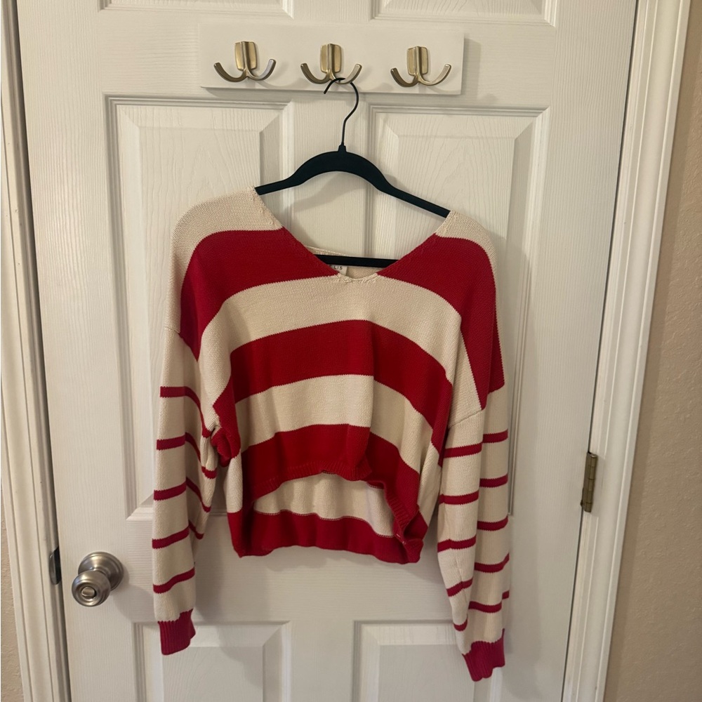 Red and Cream Cropped Striped Sweater